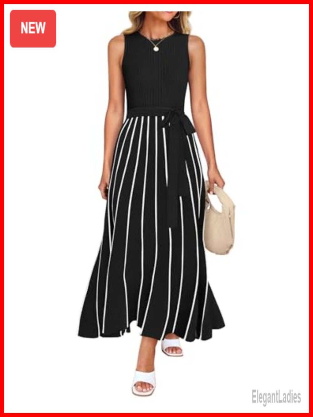 Sleeveless Ribbed Knit Tie Waist A-Line Maxi Sweater Dress